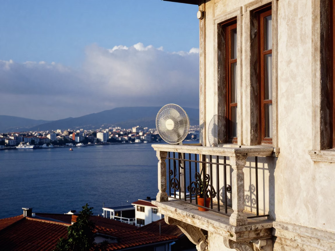 Morning Light on Izmir Balcony with Blue and White Porcelain and Table Fans in in Izmir, Turkey