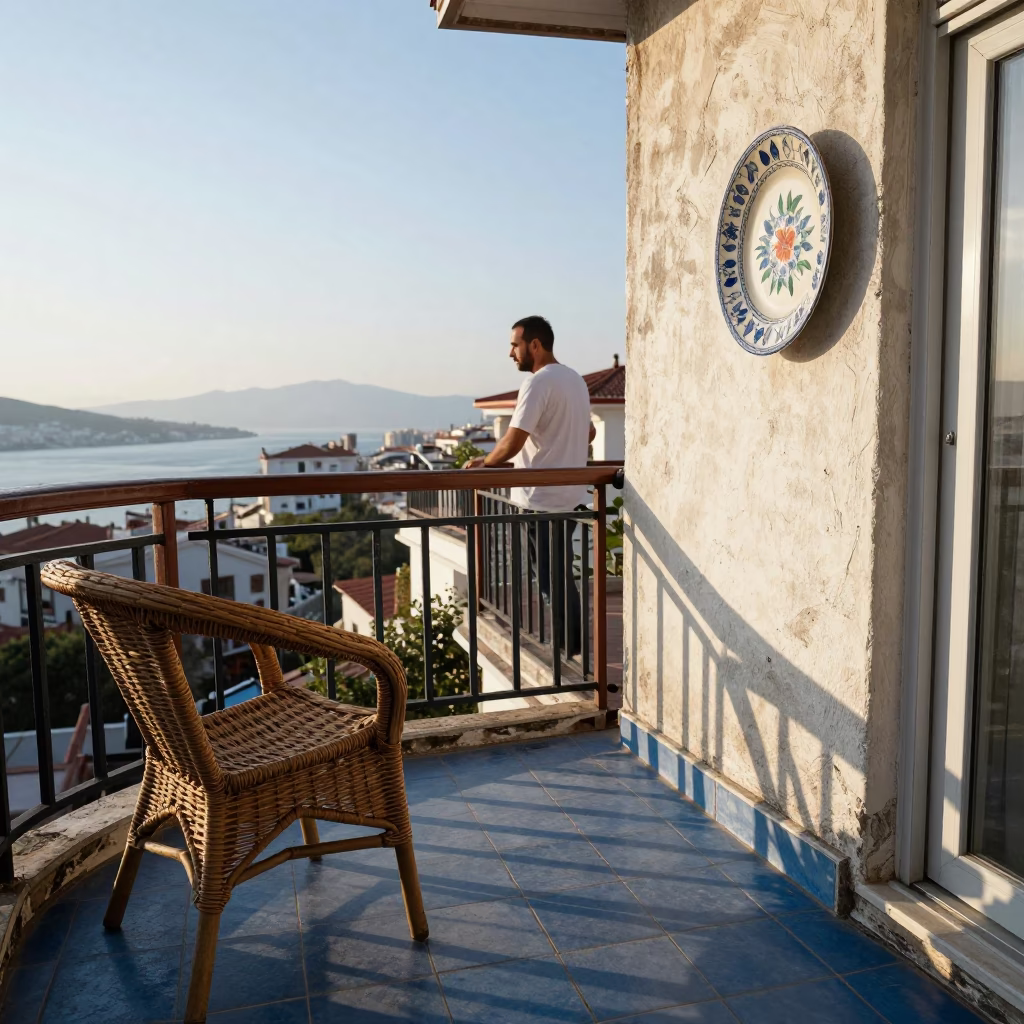 Morning light on Izmir balcony with ceramic plate and wicker shadow in in Izmir, Turkey