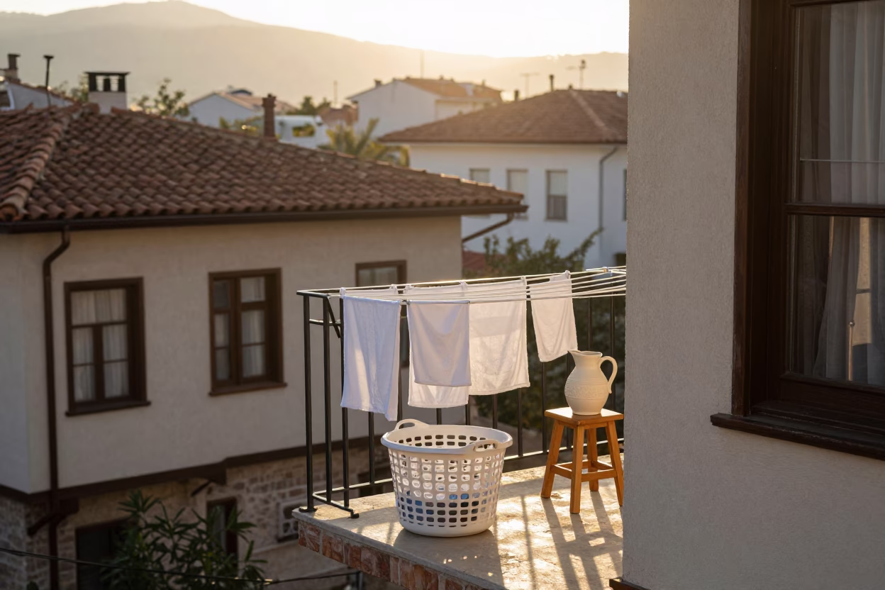 Morning light on Izmir balcony with laundry basket and pitcher in coastal Turkey in in Izmir, Turkey