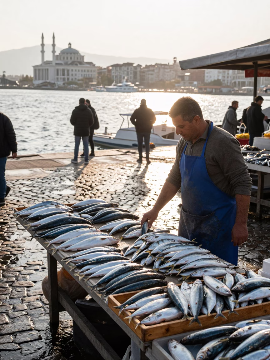 Morning light on Izmir harbor fish market scales and stone steps in in Izmir, Turkey