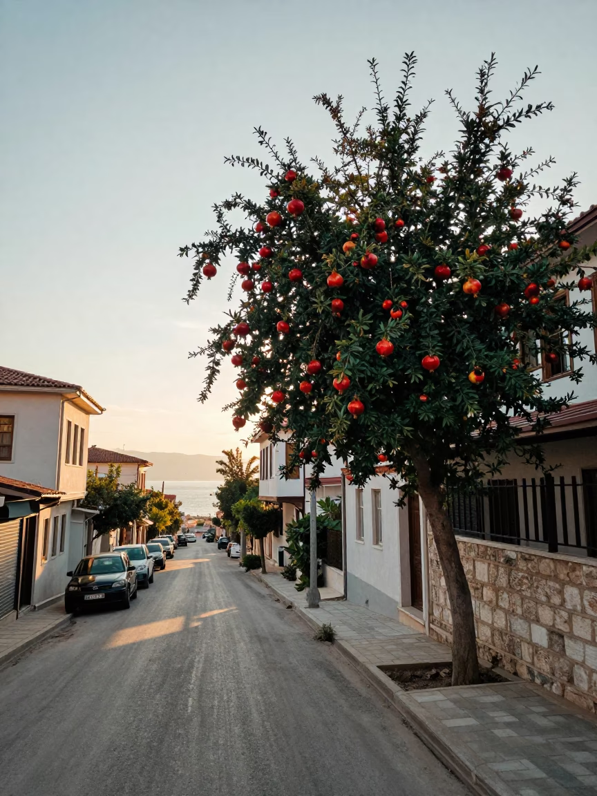 Morning Light on Izmir's Bayrakli Street with Pomegranate Tree and Oleander Hedge in in Izmir, Turkey