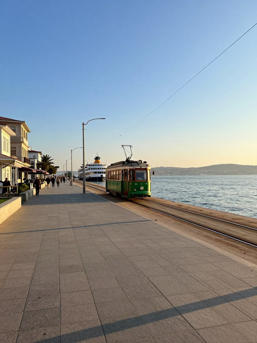 Morning light on Izmir's Kordon promenade with ferry and tram in in Izmir, Turkey