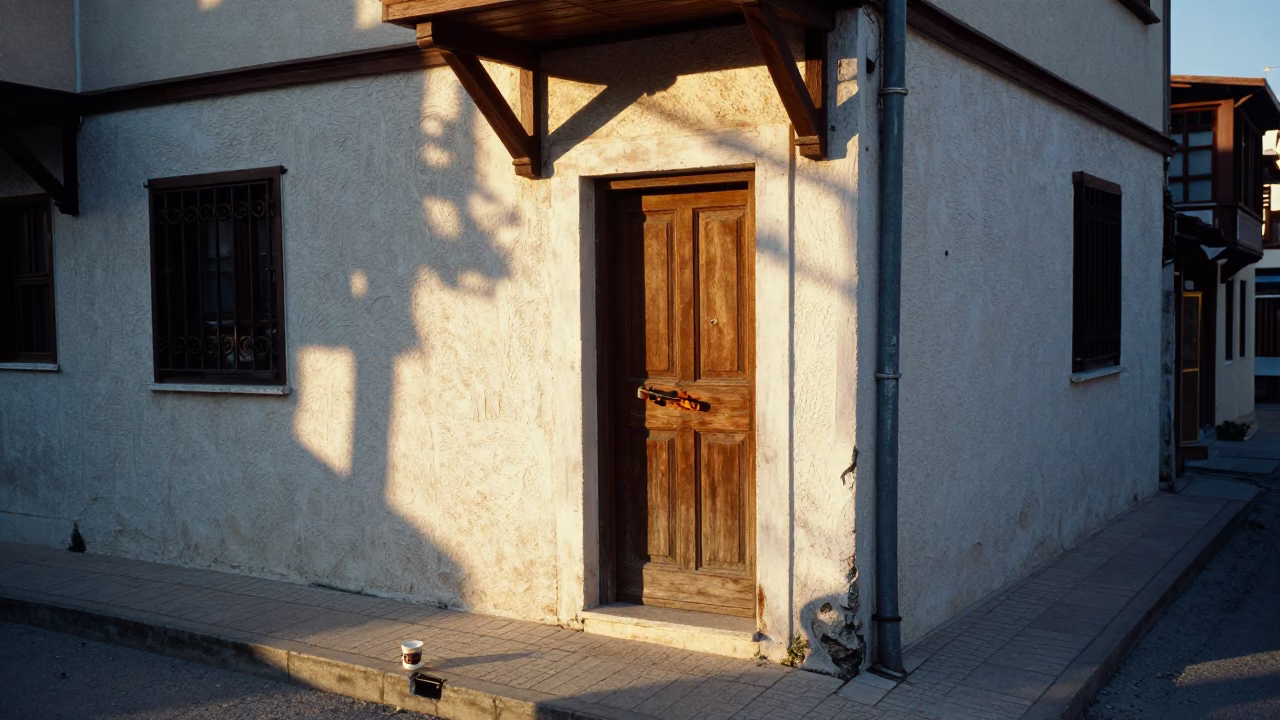 Morning light on Izmir street corner with coffee and traditional lock in in Izmir, Turkey