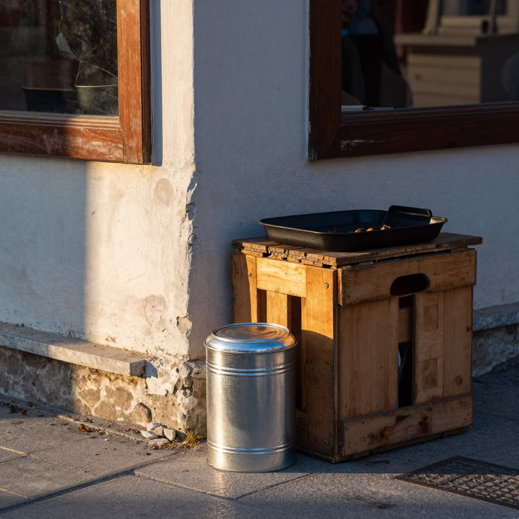 Morning light on Izmir street corner with coffee tin and hand mirror in in Izmir, Turkey