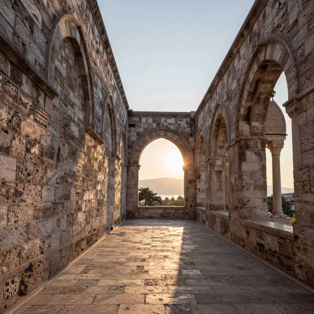 Morning Light on Izmir University Stone Cloister Walkway with Wooden Chair in in Izmir, Turkey