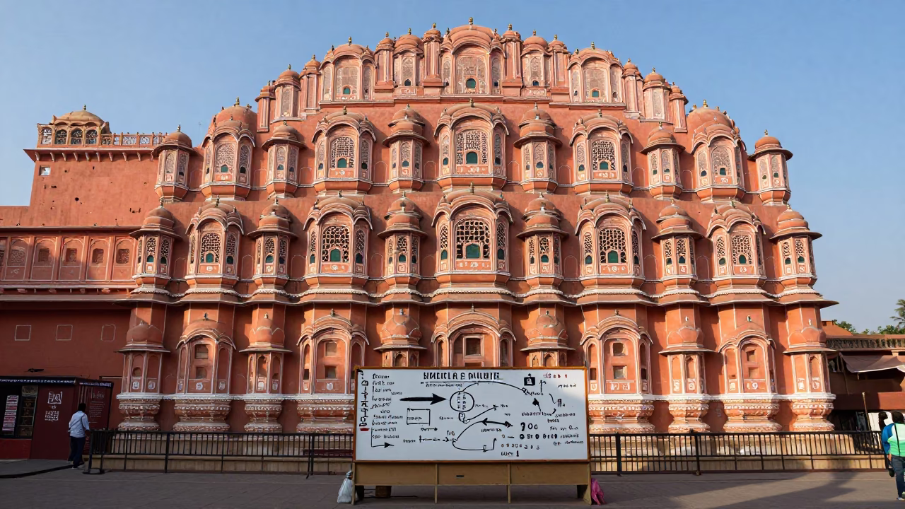 Morning Light on Jaipur Pink Architecture with Whiteboard and Coffee Detail in in Jaipur, India