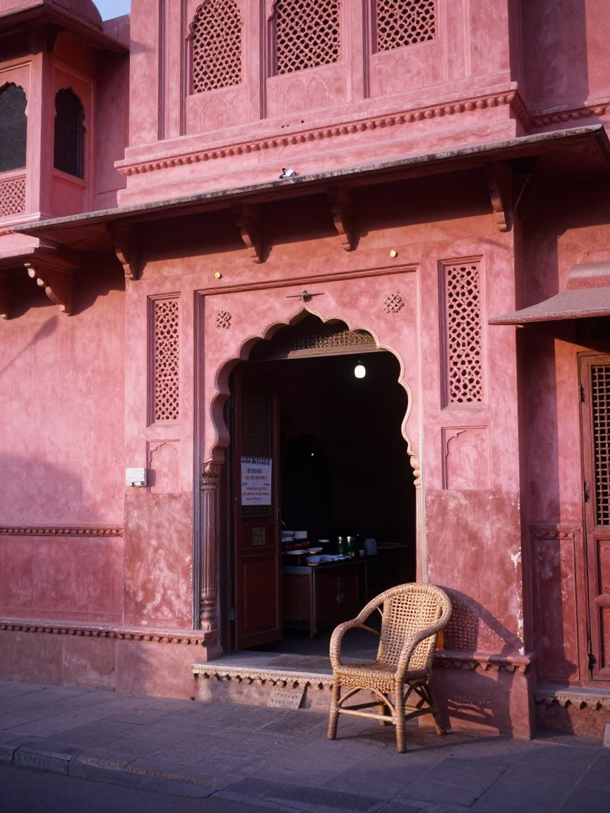Morning Light on Jaipur Pink City Street with Rattan Chair and Local Commerce in in Jaipur, India