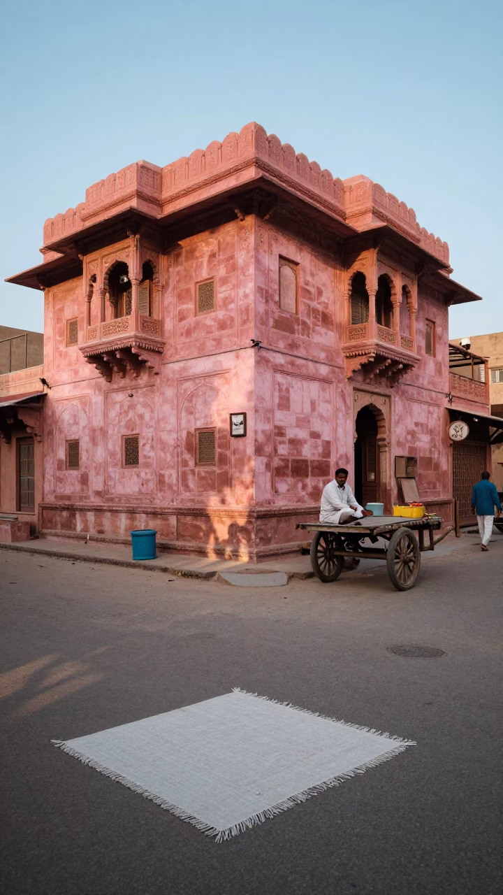 Morning Light on Jaipur Street with Linen Fringe and Weathered Window Glass in in Jaipur, India