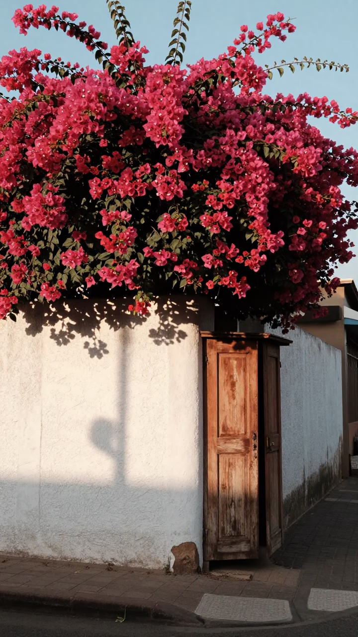 Morning Light on Johannesburg Street Corner with Bougainvillea and Vintage Life in in Johannesburg, South Africa
