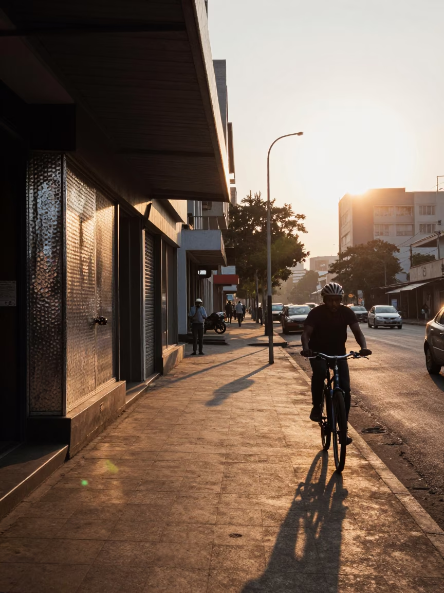 Morning light on Johannesburg street with cyclist and urban details in in Johannesburg, South Africa
