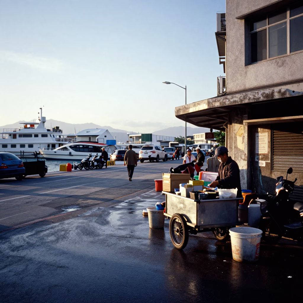 Morning light on Kaohsiung harbor street with vendor and local commuters in in Kaohsiung, Taiwan