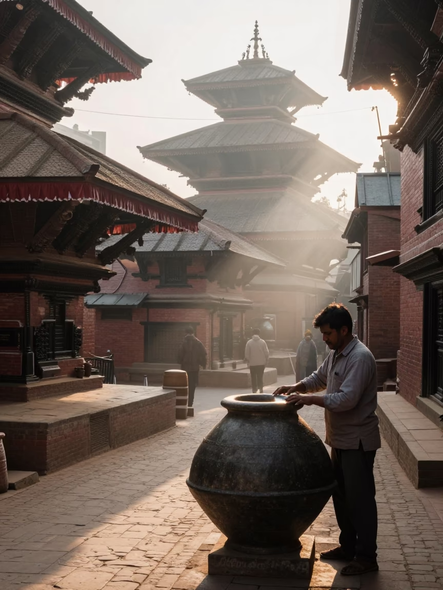 Morning Light on Kathmandu Street with Stone Pot and Sun Stripe in in Kathmandu, Nepal