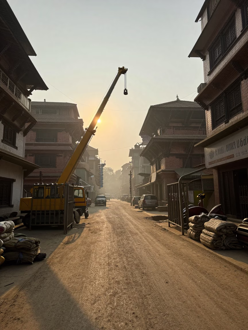 Morning Light on Kathmandu Streets with Construction Site and Local Traffic in in Kathmandu, Nepal