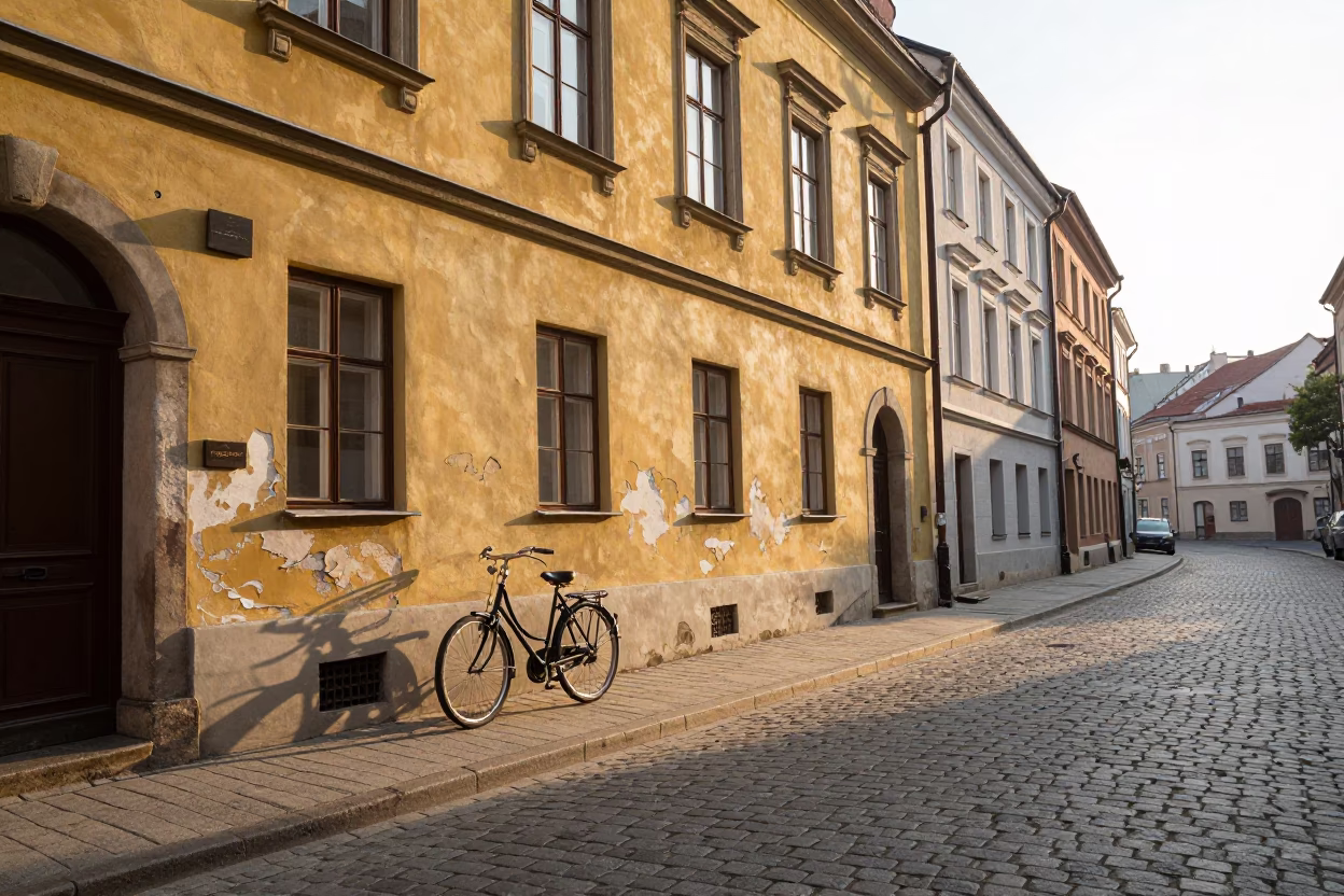 Morning Light on Kazimierz Street with Vintage Bicycle and Coffee Cup in Krakow in in Krakow, Poland