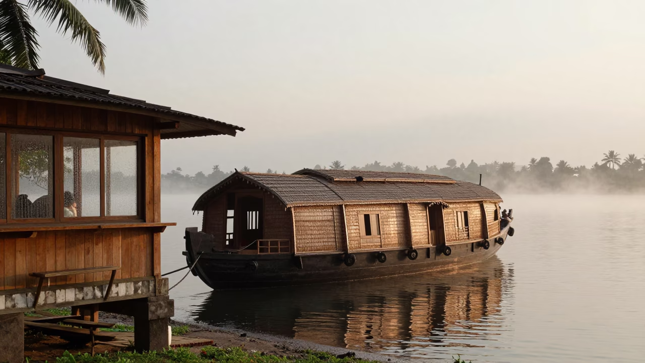 Morning Light on Kerala Backwaters with Traditional Houseboat and Fishing Nets in in Kochi, India