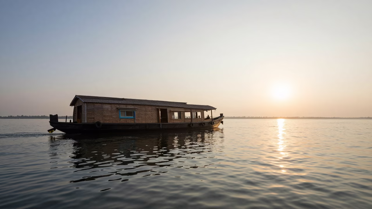 Morning Light on Kerala Backwaters with Traditional Wooden Houseboat and Local Fishermen in in Kochi, India