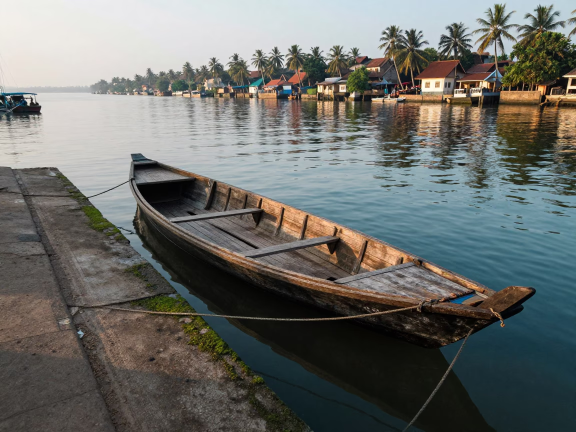 Morning light on Kochi canal with wooden rowboat and coastal greenery in in Kochi, India