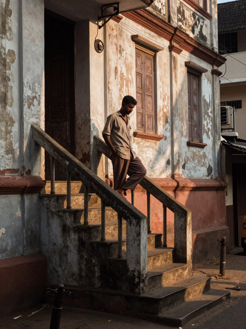 Morning light on Kochi stair rail with local worker and coffee tin in in Kochi, India