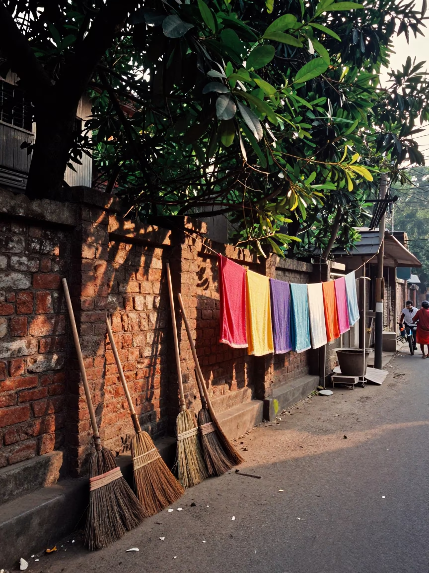 Morning light on Kolkata street with brooms and drying towels in in Kolkata, India