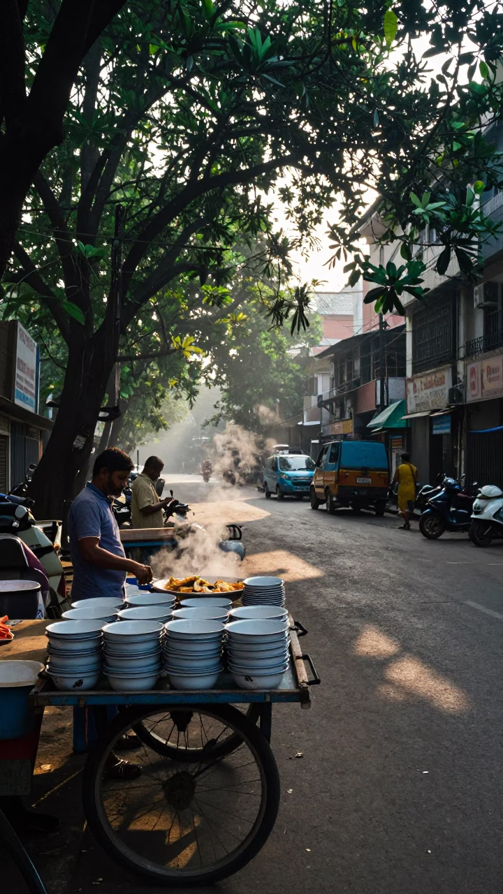 Morning Light on Kolkata Street with Enamel Bowls and Passion Flower in in Kolkata, India