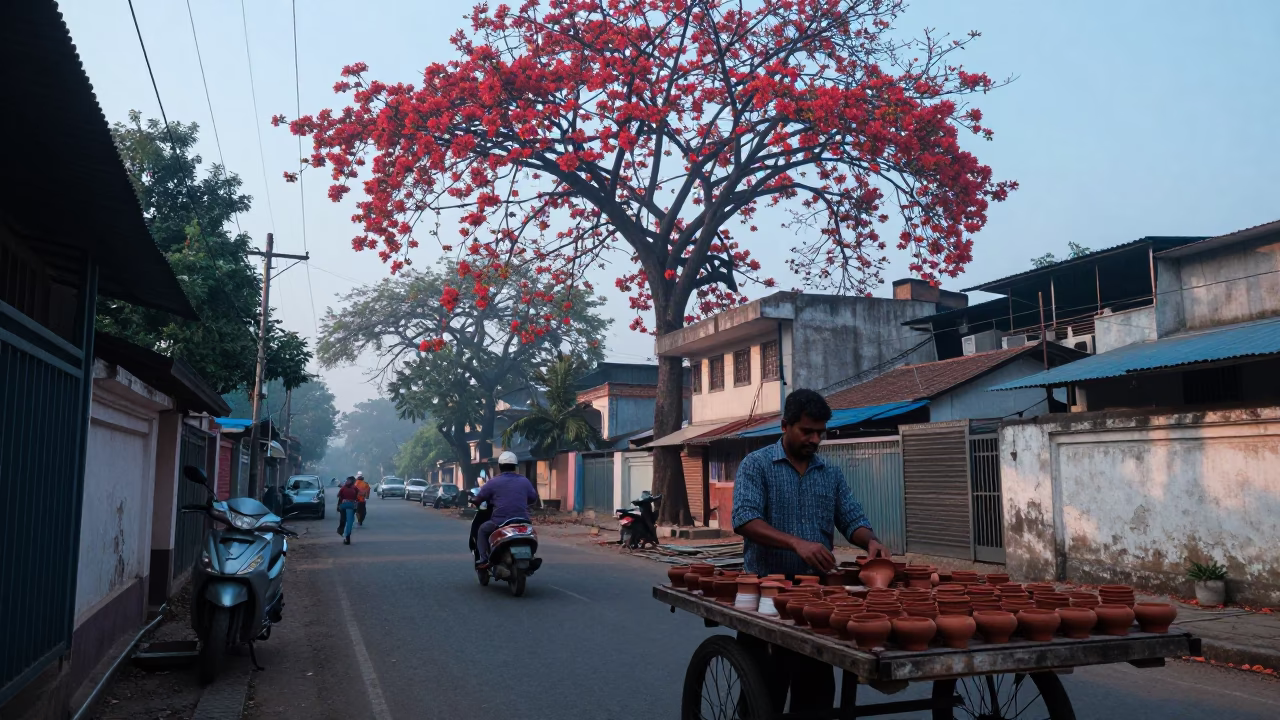 Morning Light on Kolkata Street with Flame Tree Bloom and Street Vendor in in Kolkata, India