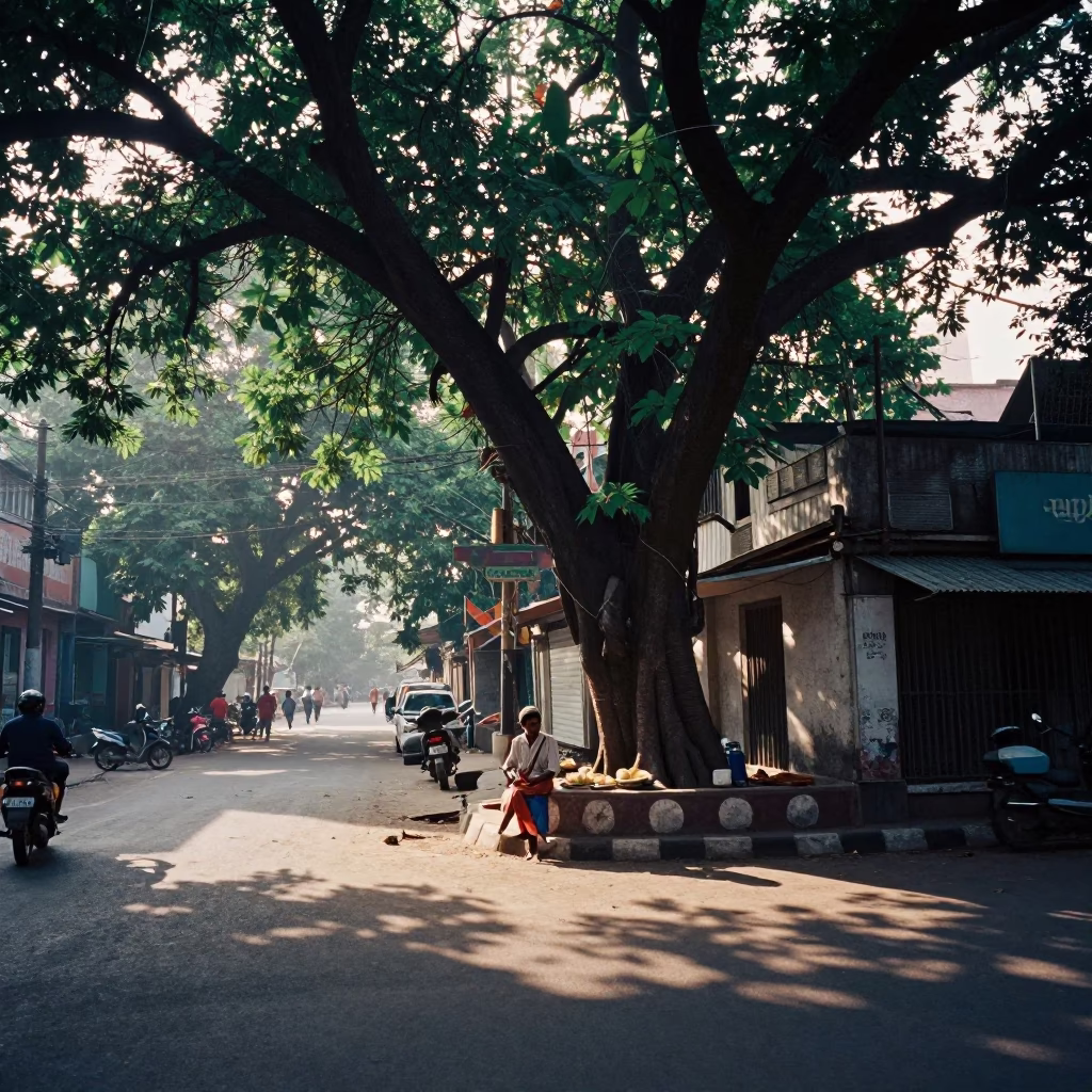 Morning Light on Kolkata Street with Plate of Pad Thai and Lime Wedges in in Kolkata, India
