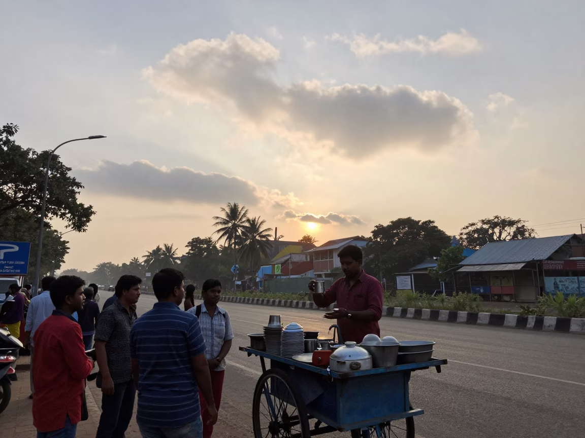 Morning light on Kolkata street with vendor and morning glory cloud in in Kolkata, India