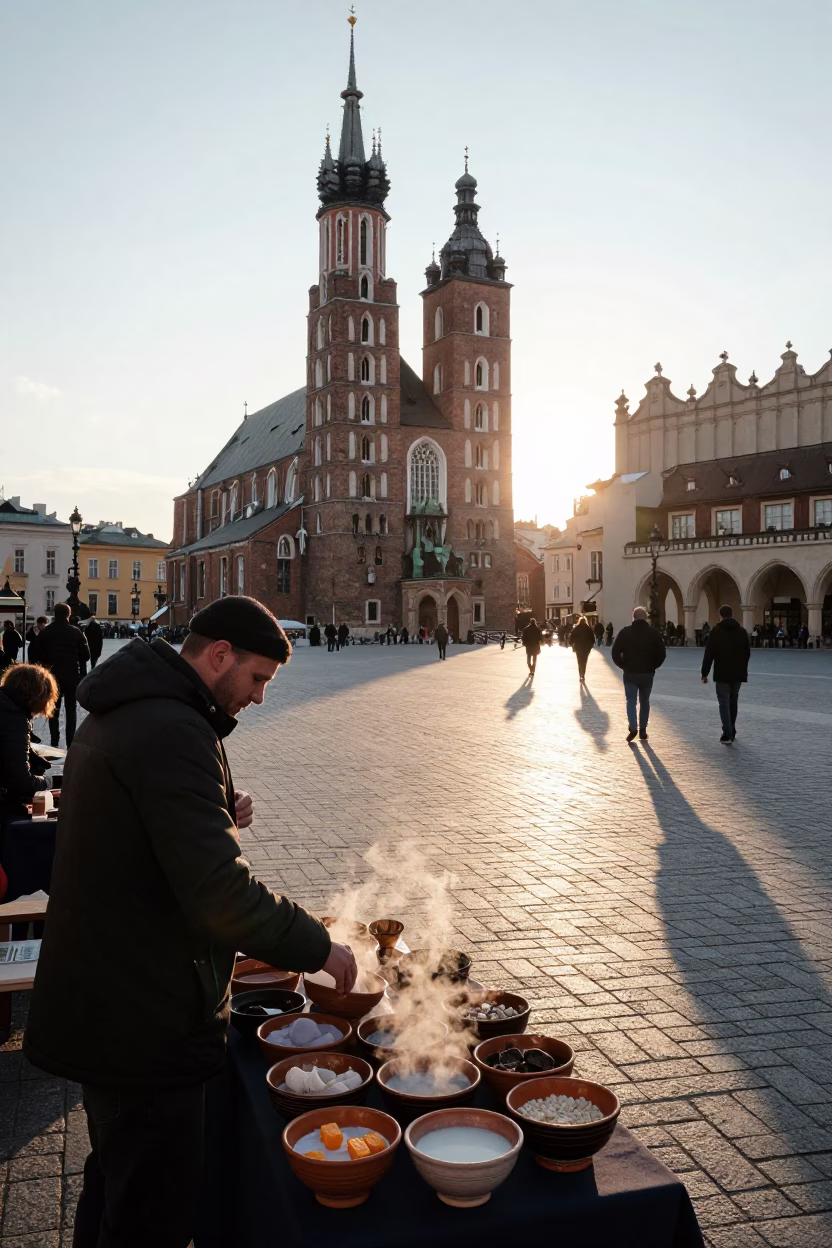 Morning light on Krakow cobblestones near Rynek Glowny with breakfast stall and ceramic bowls in in Krakow, Poland