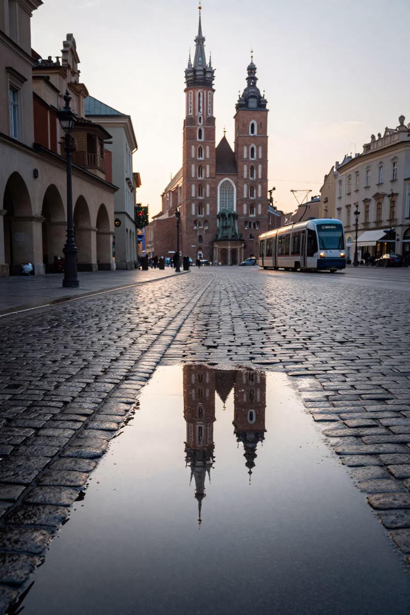 Morning Light on Krakow Cobblestones with Tram Reflections and Historic Architecture in in Krakow, Poland