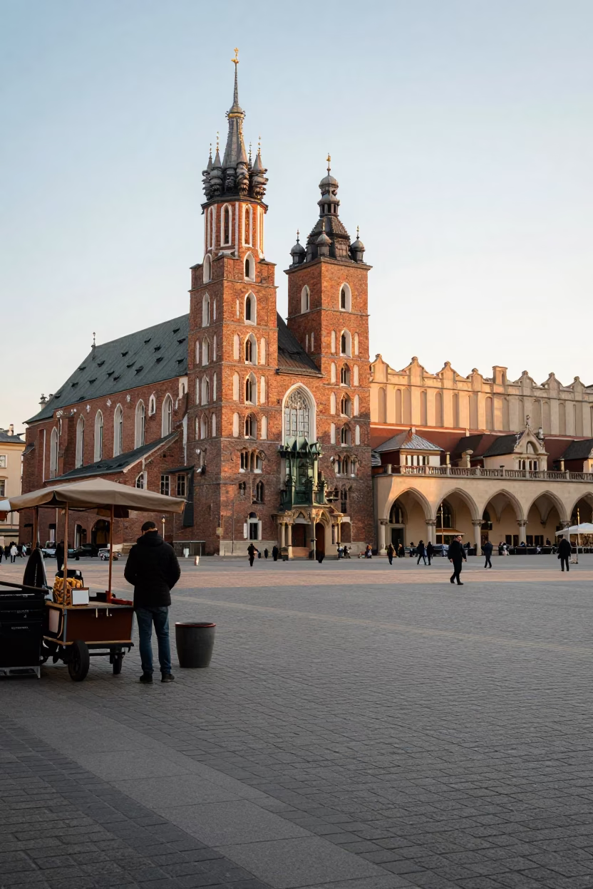 Morning light on Krakow Main Market Square with street vendor and historic architecture in in Krakow, Poland