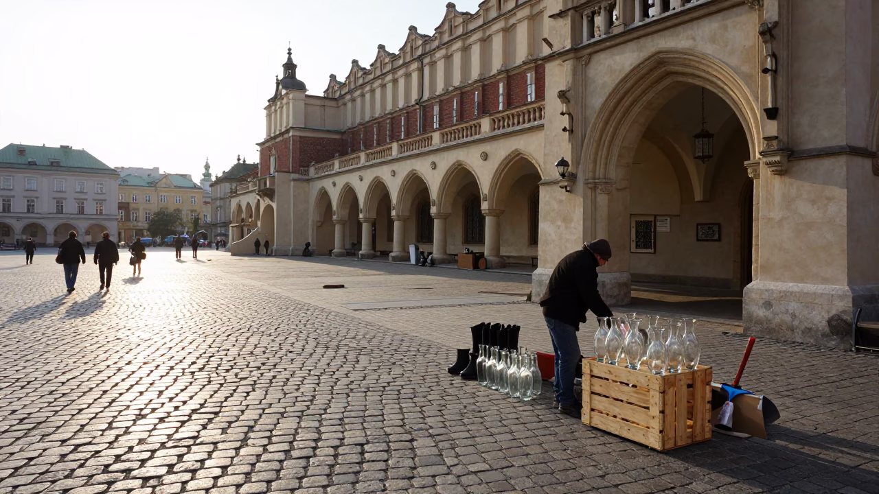 Morning Light on Krakow Market Square Cobblestones with Vendor Display in in Krakow, Poland