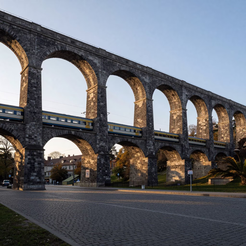 Morning Light on Krakow Railway Viaduct with Passing Train and Cobblestone Street in in Krakow, Poland