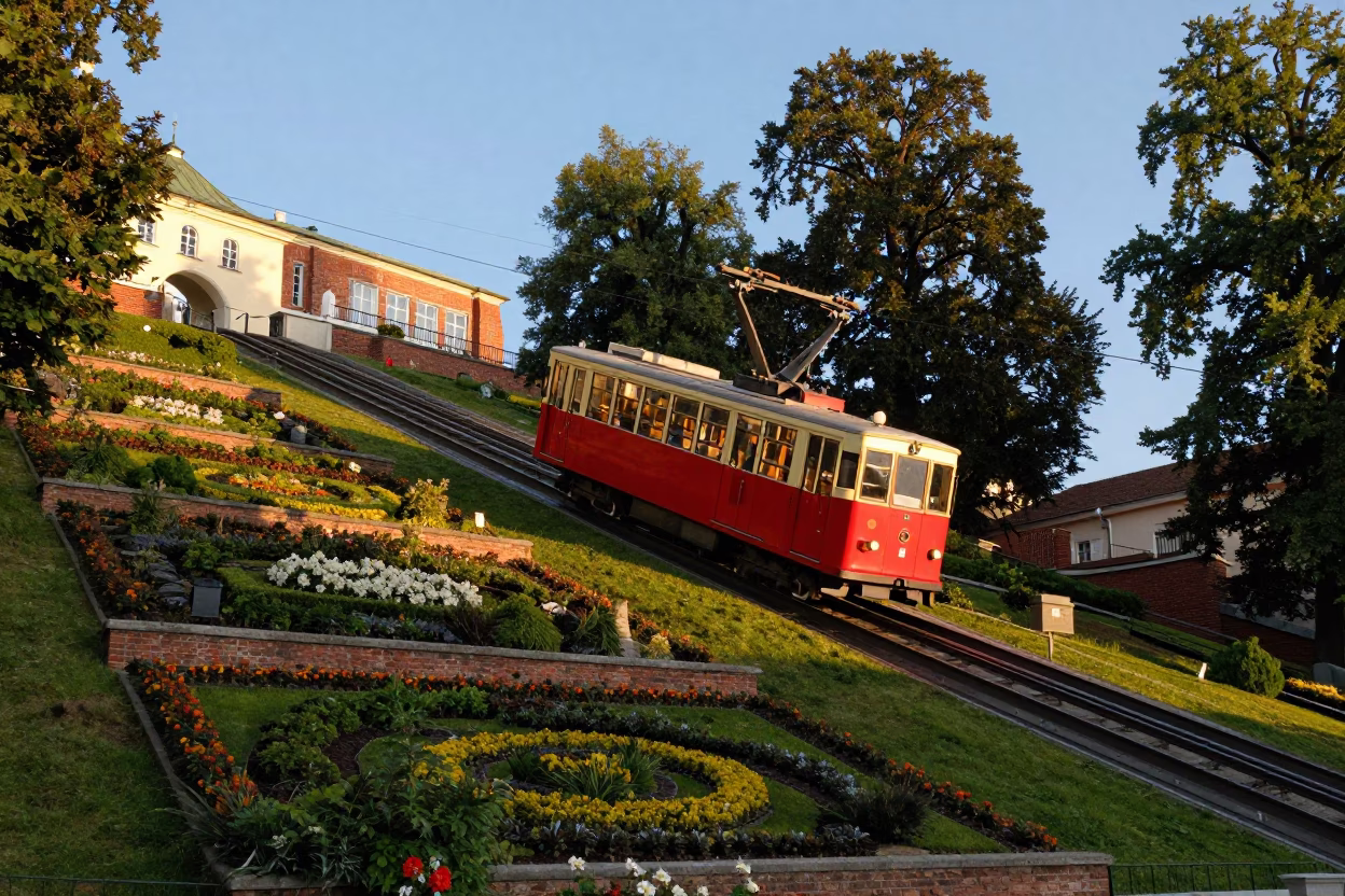 Morning Light on Krakow’s Wawel Hill Funicular Railway Amidst Terraced Gardens in in Krakow, Poland