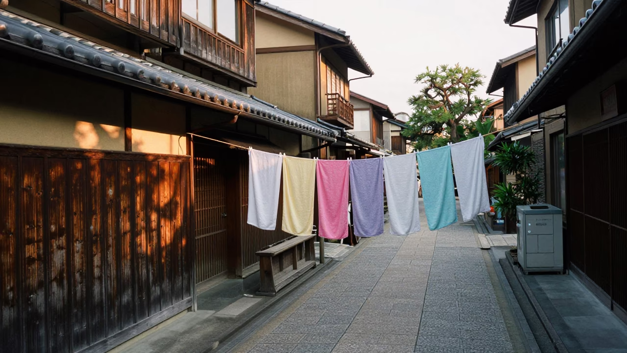 Morning Light on Kyoto Street with Drying Towels and Traditional Architecture in in Kyoto, Japan