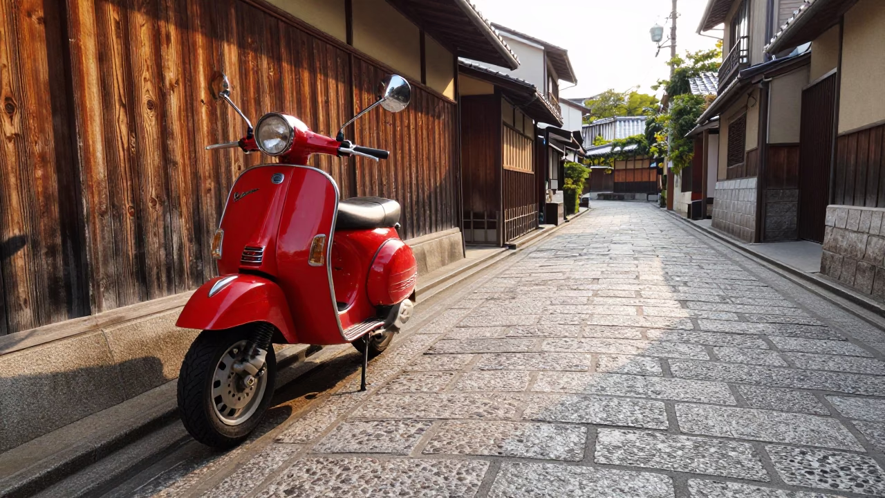 Morning light on Kyoto street with vintage Vespa and traditional architecture in in Kyoto, Japan