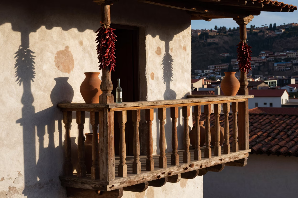 Morning Light on La Paz Balcony with Tea Stains and Condensation on Bottle in in La Paz, Bolivia