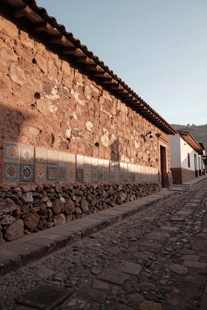 Morning Light on La Paz Bolivian Street with Ceramic Tiles and Twine Doorframe in in La Paz, Bolivia