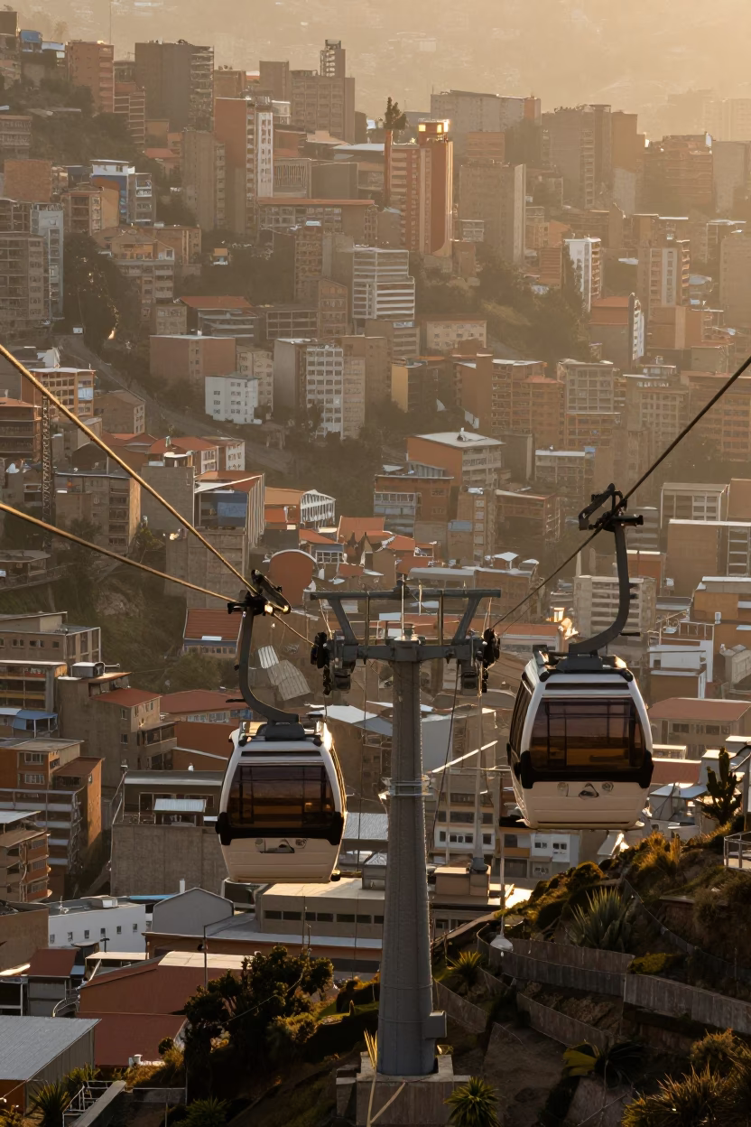 Morning light on La Paz cable car ascending above Andean city streets in in La Paz, Bolivia