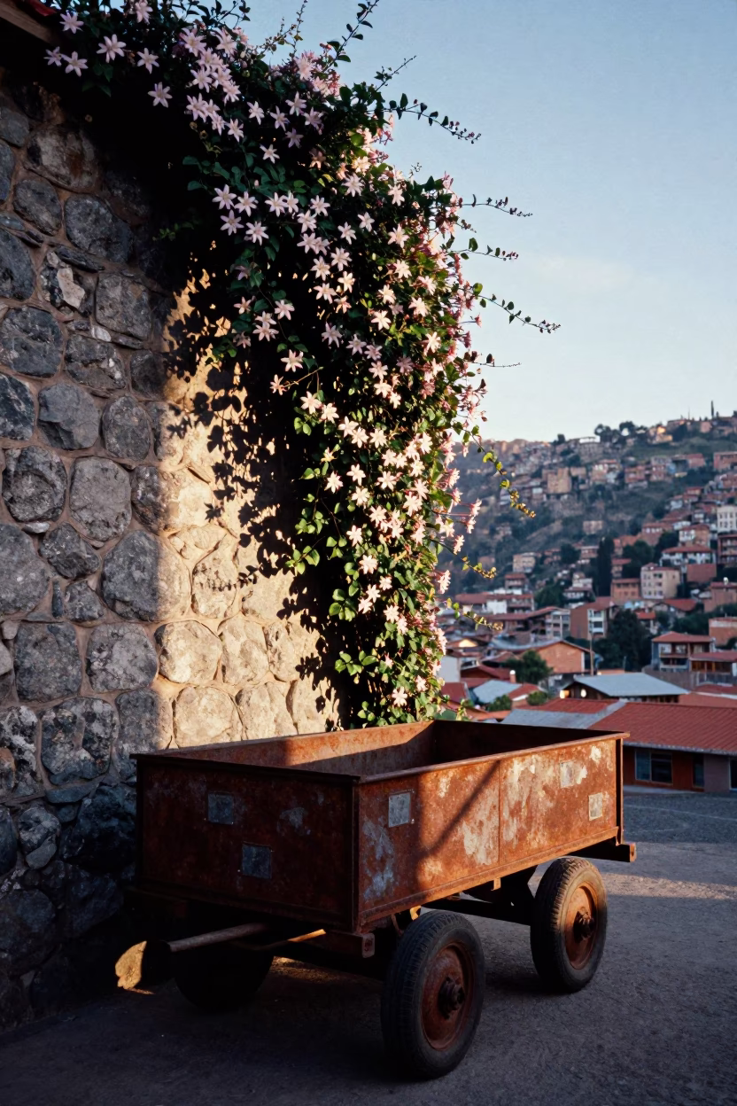 Morning Light on La Paz Stone Wall with Clematis Vine and Local Street Scene in in La Paz, Bolivia