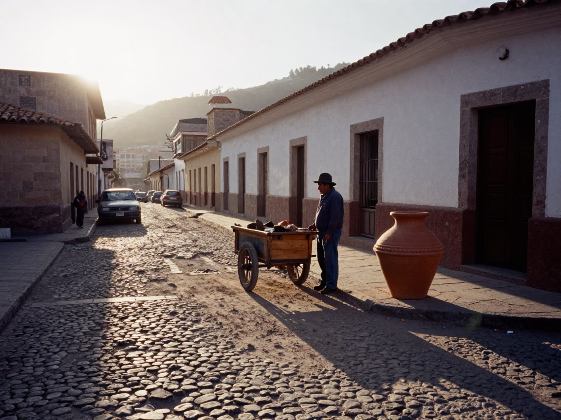 Morning light on La Paz street corner with terracotta pot and newspaper vendor in in La Paz, Bolivia