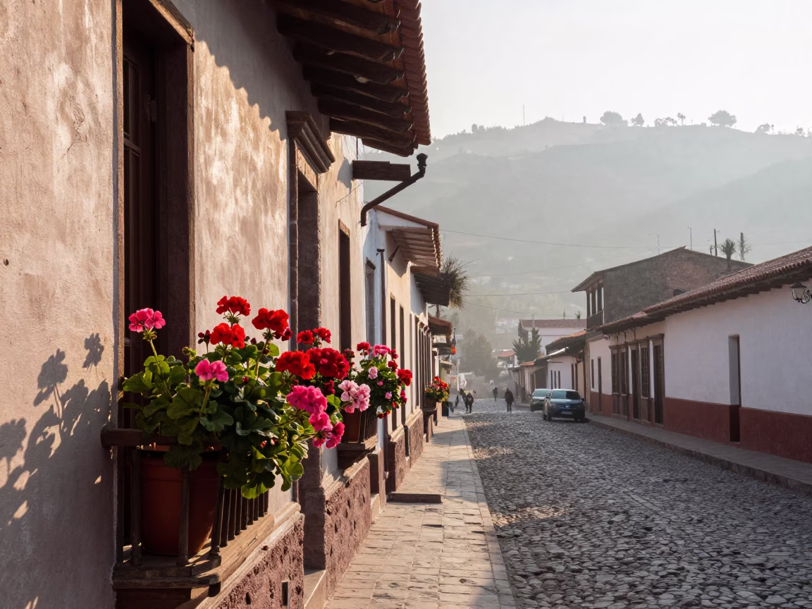 Morning Light on La Paz Street with Potted Geraniums and Local Life in in La Paz, Bolivia