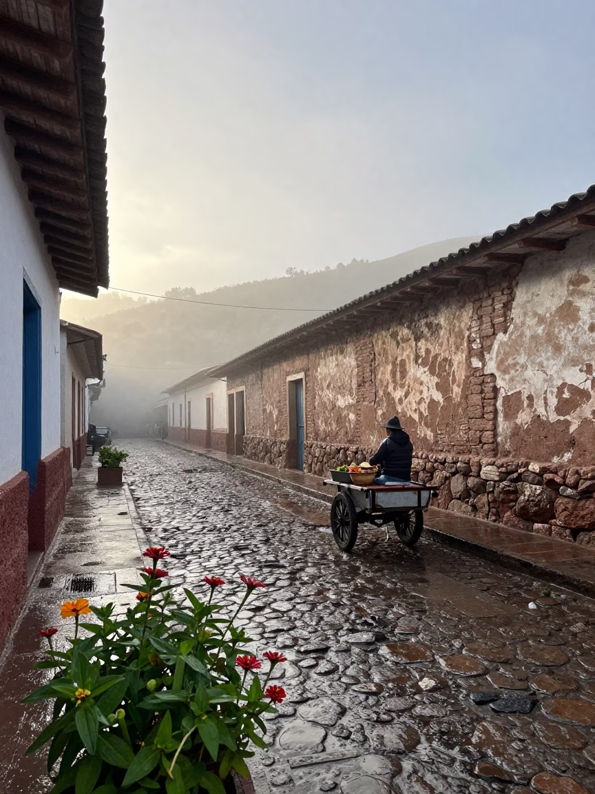 Morning Light on La Paz Street With Zinnias And Old Leather Balls in in La Paz, Bolivia