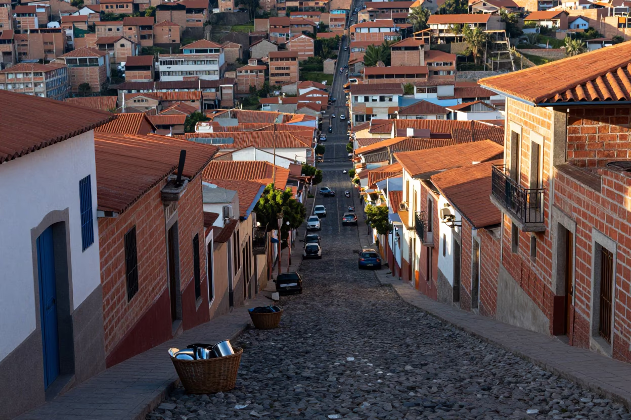 Morning light on La Paz streets with basket and steel saucer in in La Paz, Bolivia