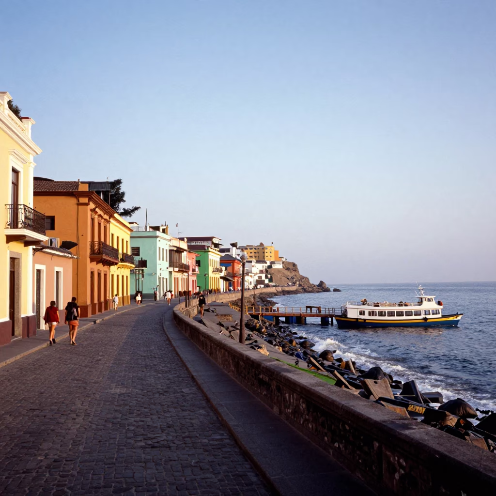 Morning Light on Lima Barranco Waterfront with Water Taxi Dock and Street Details in in Lima, Peru