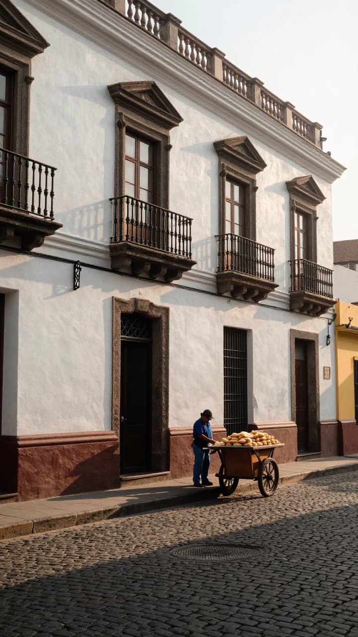 Morning light on Lima street corner with alfajores and wicker shadows in in Lima, Peru