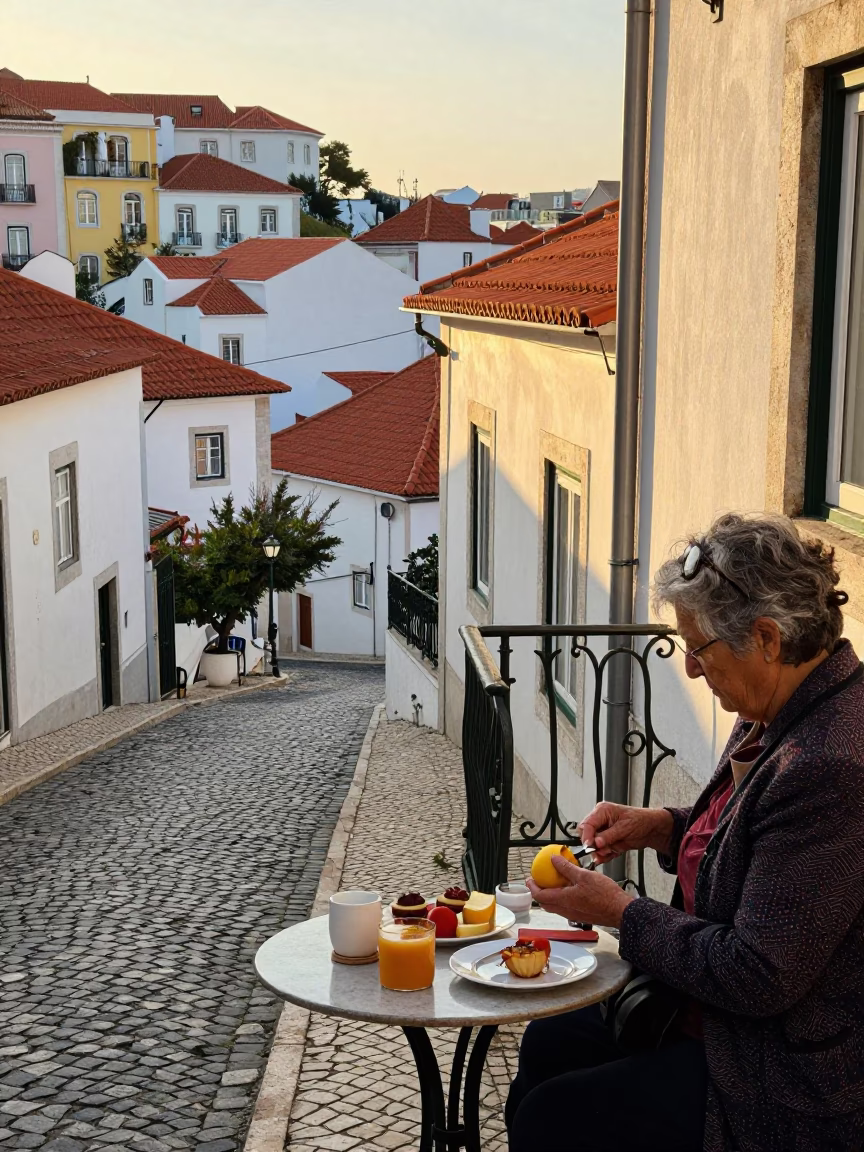 Morning Light on Lisbon Alfama Cobblestones with Ceramic Breakfast and Glasswork in in Lisbon, Portugal