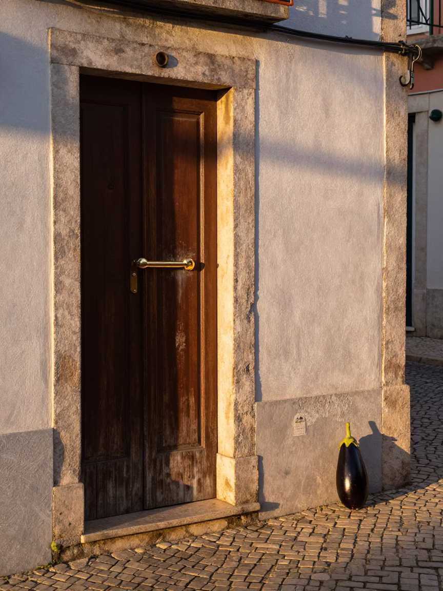 Morning light on Lisbon alleyway with latch and eggplants in in Lisbon, Portugal