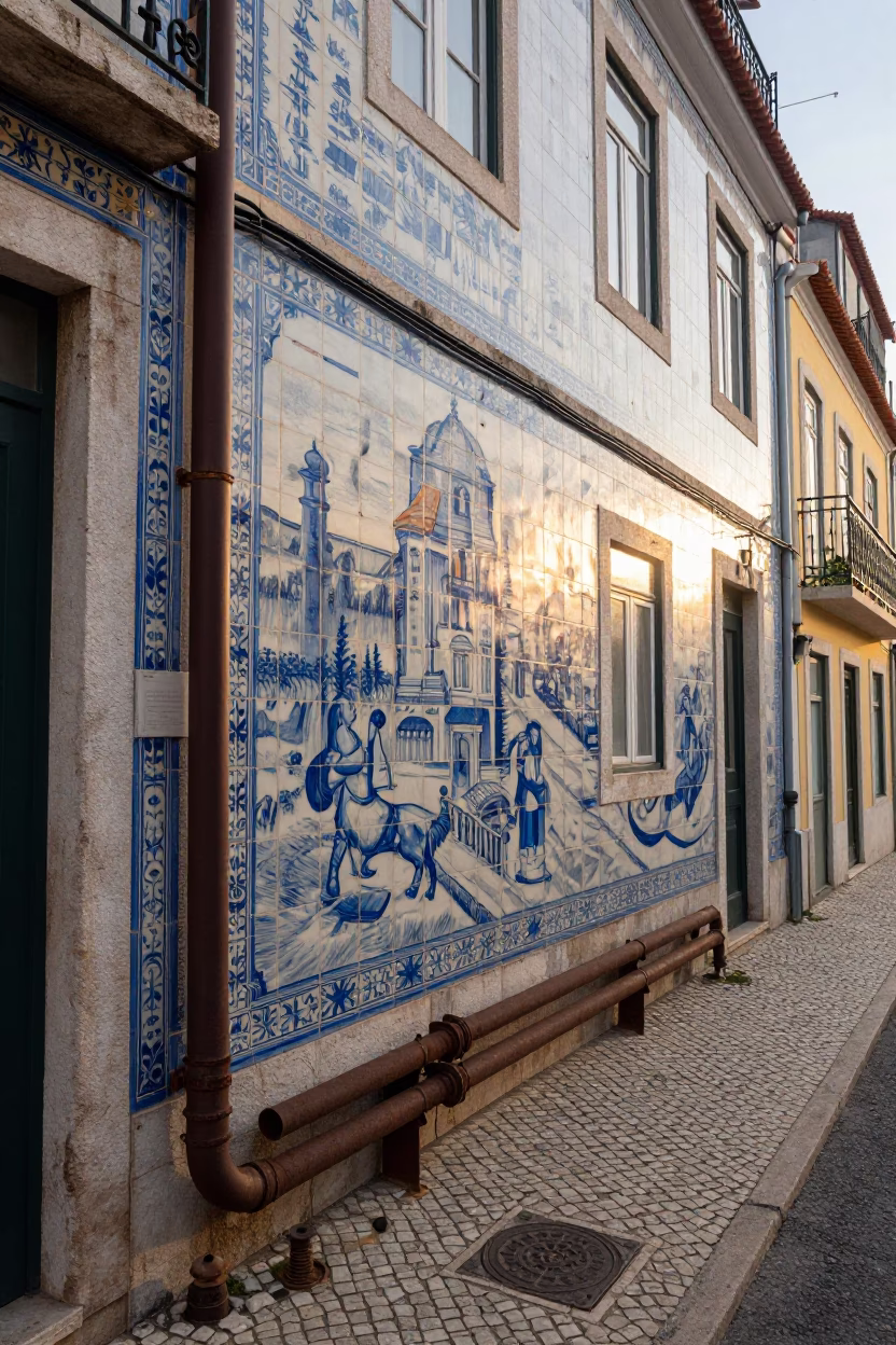 Morning light on Lisbon azulejo tiles and district heating pipes in in Lisbon, Portugal