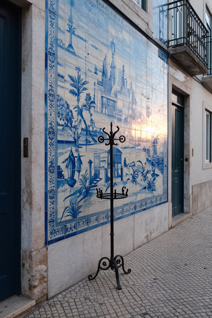 Morning light on Lisbon azulejos and street details before sunrise in in Lisbon, Portugal
