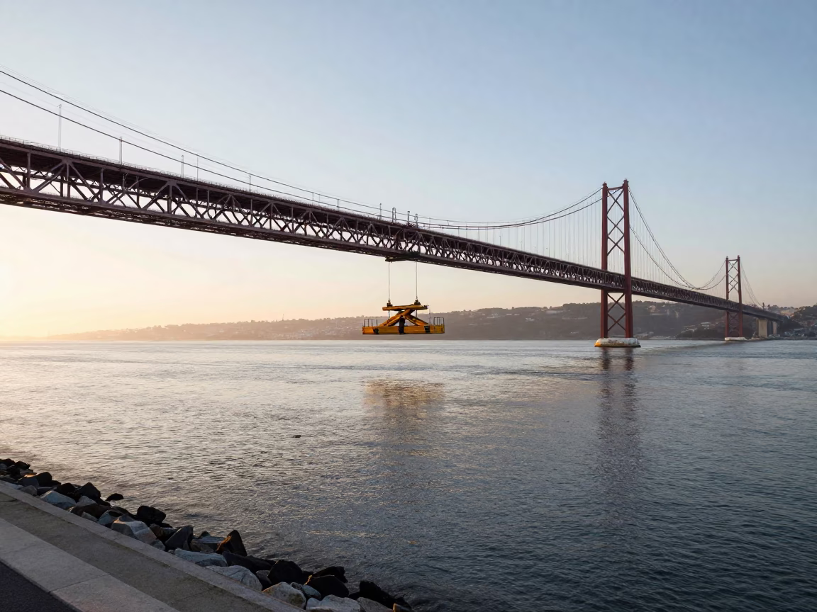 Morning Light on Lisbon Bridge Maintenance Cradle Over Tagus River Water in in Lisbon, Portugal